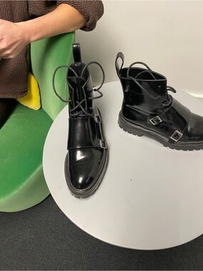 Black Patent Lace-Up Buckle Combat Boots